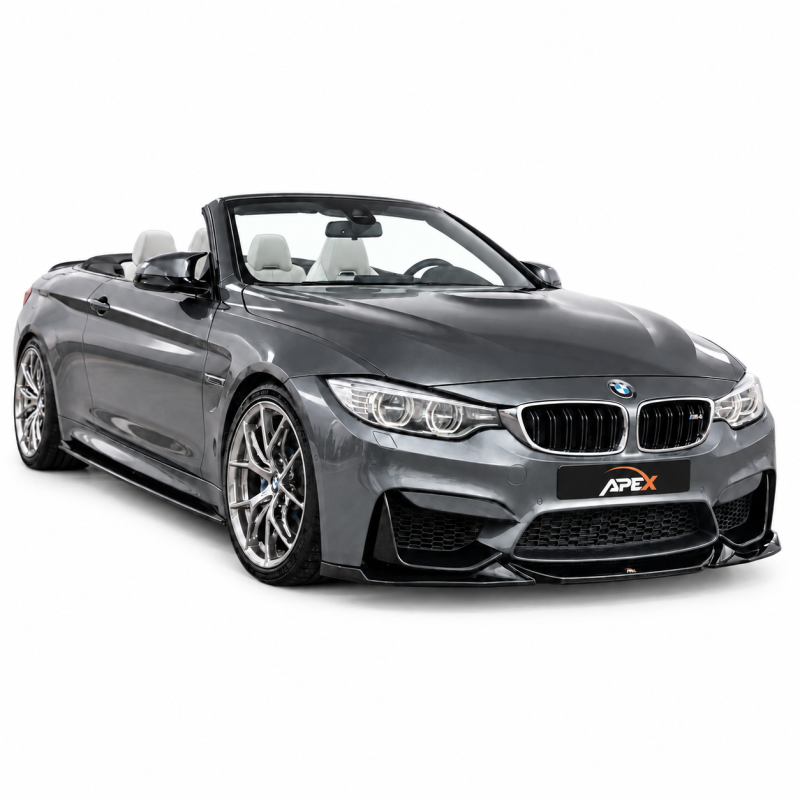 Apex Aero Design front splitter installed on BMW M3 F80 (2014–2018) & M4 F82 (2014–2021), front three-quarter view