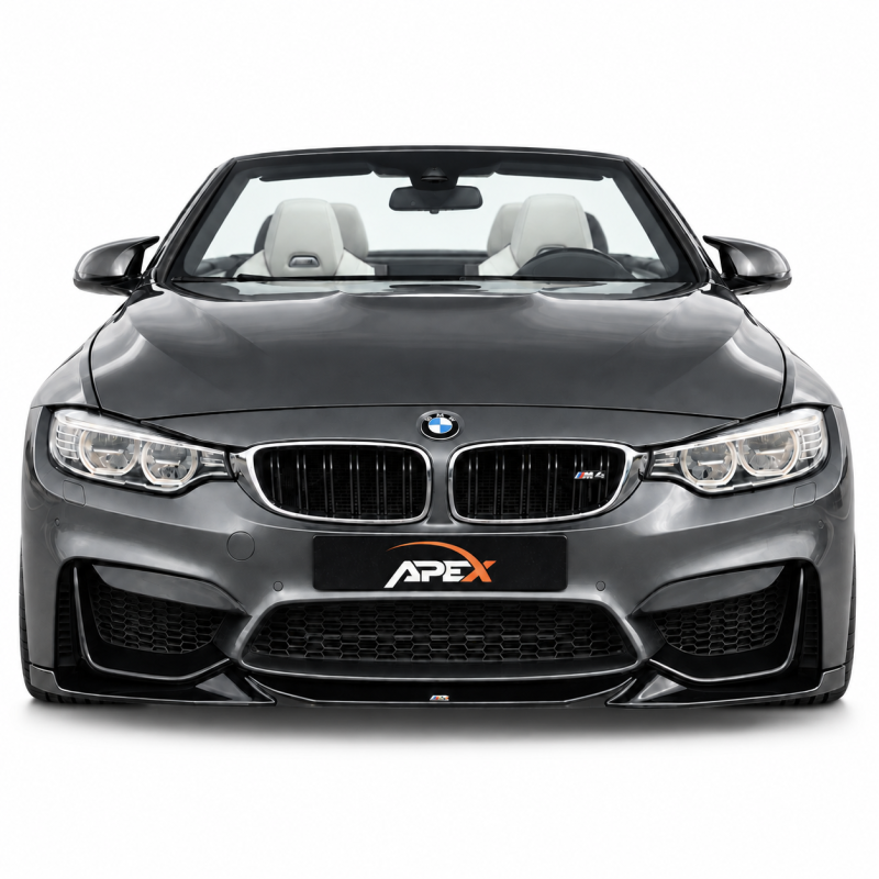Apex Aero Design front splitter installed on BMW M3 F80 (2014–2018) & M4 F82 (2014–2021), front view